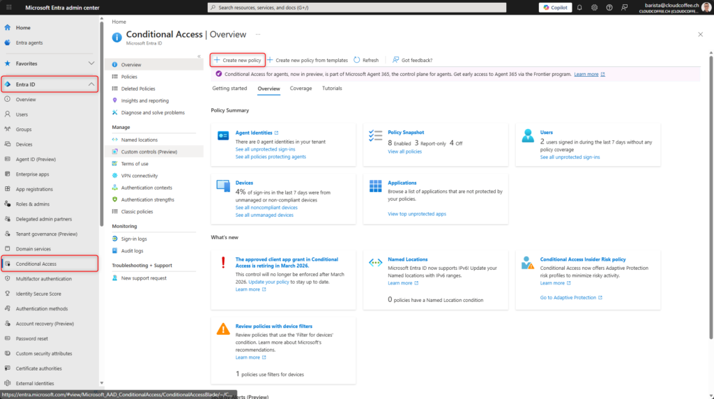 Microsoft Entra Conditional Access overview showing create new policy option for securing device registration