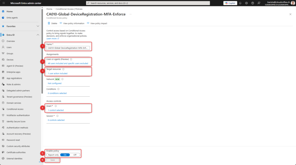 Microsoft Entra Conditional Access policy configuration enforcing multi factor authentication for device registration