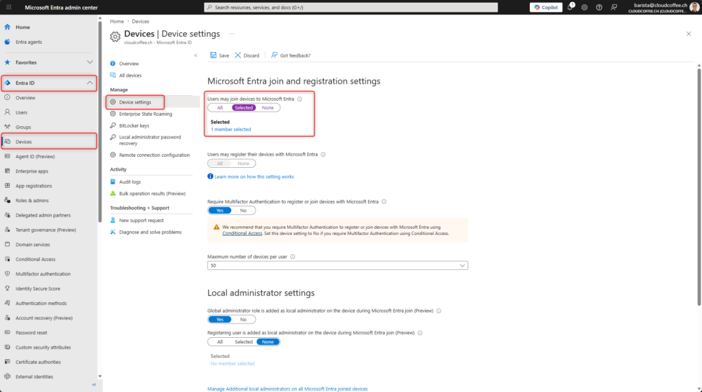 Microsoft Entra device settings showing restriction of users allowed to join devices to Microsoft Entra ID