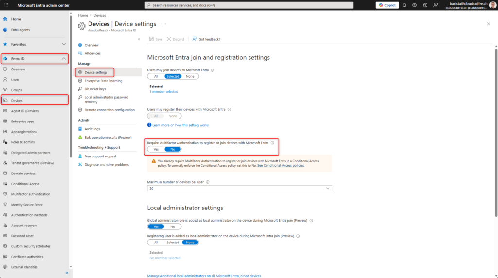 Microsoft Entra device settings showing disabled built in MFA for device registration when using Conditional Access