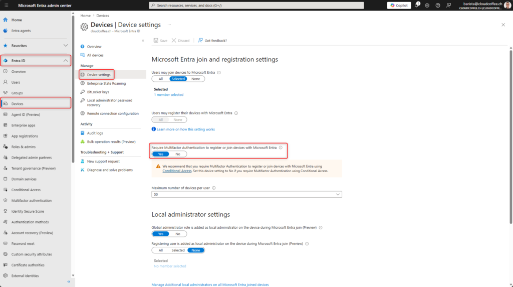 Microsoft Entra device settings showing requirement for multi factor authentication during device registration and join