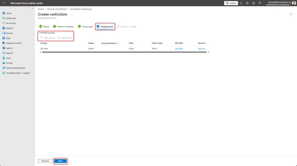 Microsoft Intune enrollment restriction showing assignment of user groups to control device enrollment