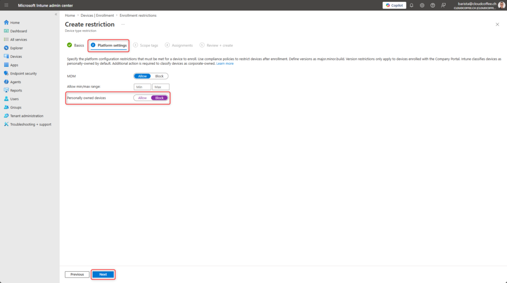 Microsoft Intune platform restriction settings blocking personally owned devices from enrollment