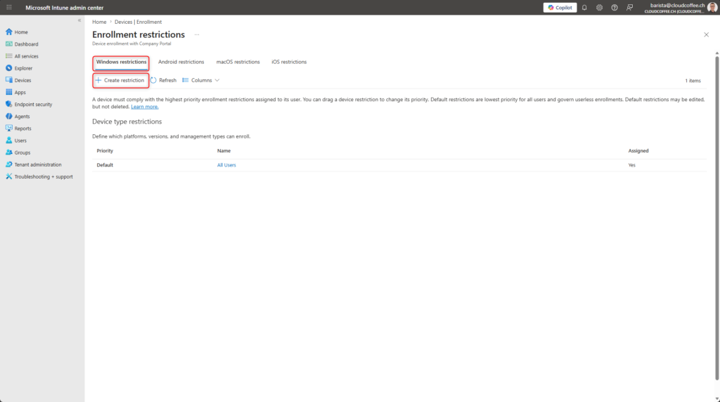 Microsoft Intune enrollment restrictions showing create new device platform restriction for controlling device enrollment