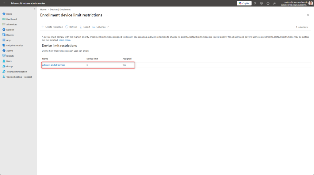 Microsoft Intune device limit restrictions showing default policy with maximum number of devices per user