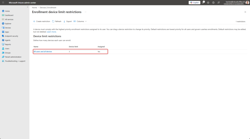 Microsoft Intune device limit restriction overview showing all users limited to three enrolled devices