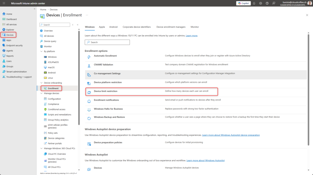 Microsoft Intune enrollment settings showing device limit restriction configuration for controlling number of enrolled devices per user