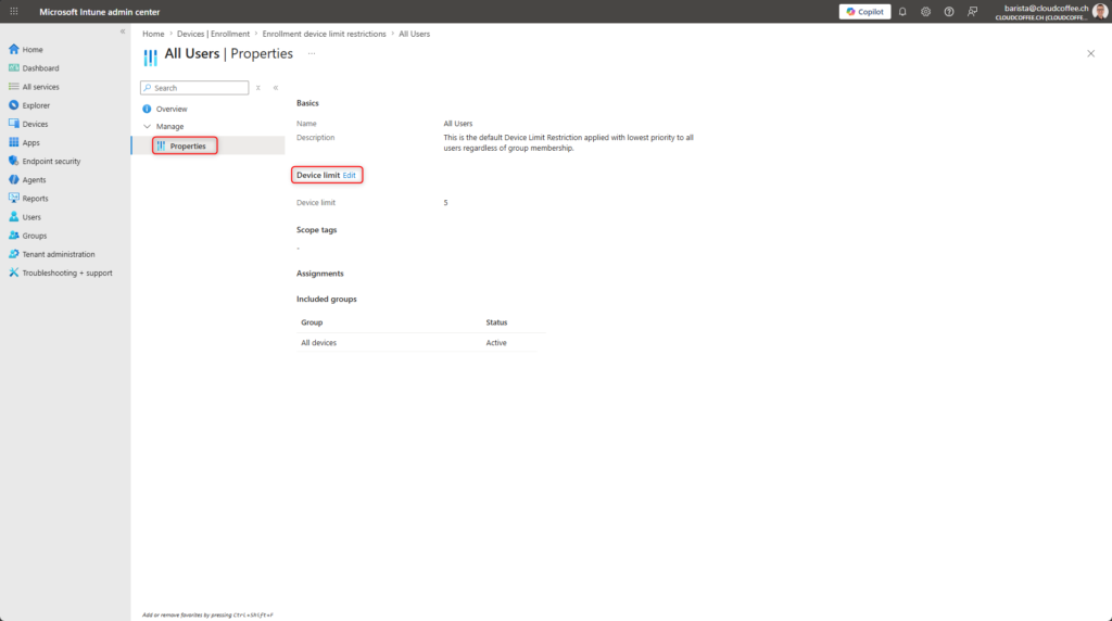 Microsoft Intune device limit restriction properties showing edit option to modify maximum devices per user