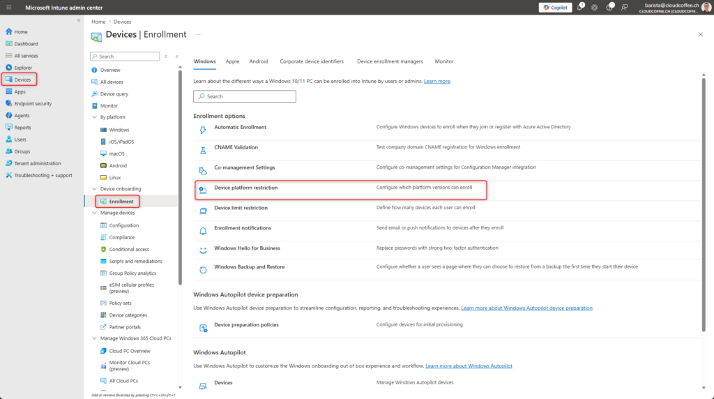 Microsoft Intune enrollment settings showing device platform restriction configuration