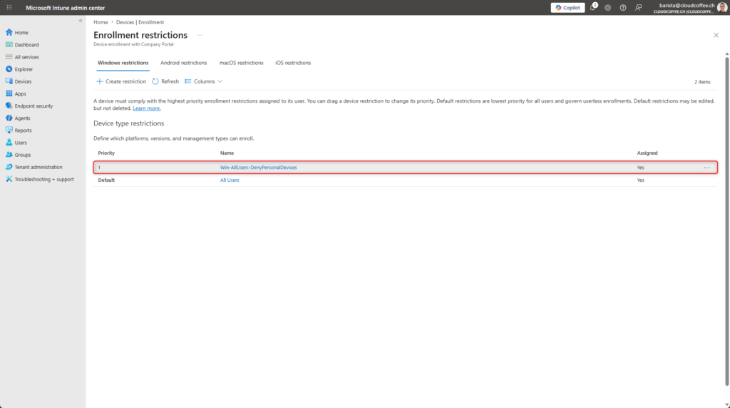 Microsoft Intune enrollment restrictions showing custom platform restriction with higher priority than default polic