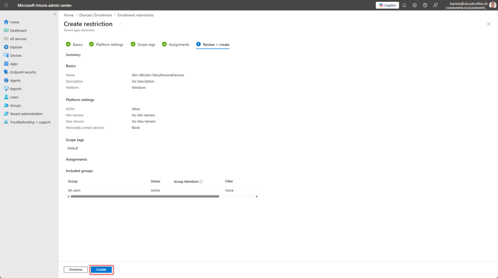 Microsoft Intune enrollment restriction review and create screen showing configuration summary before deployment