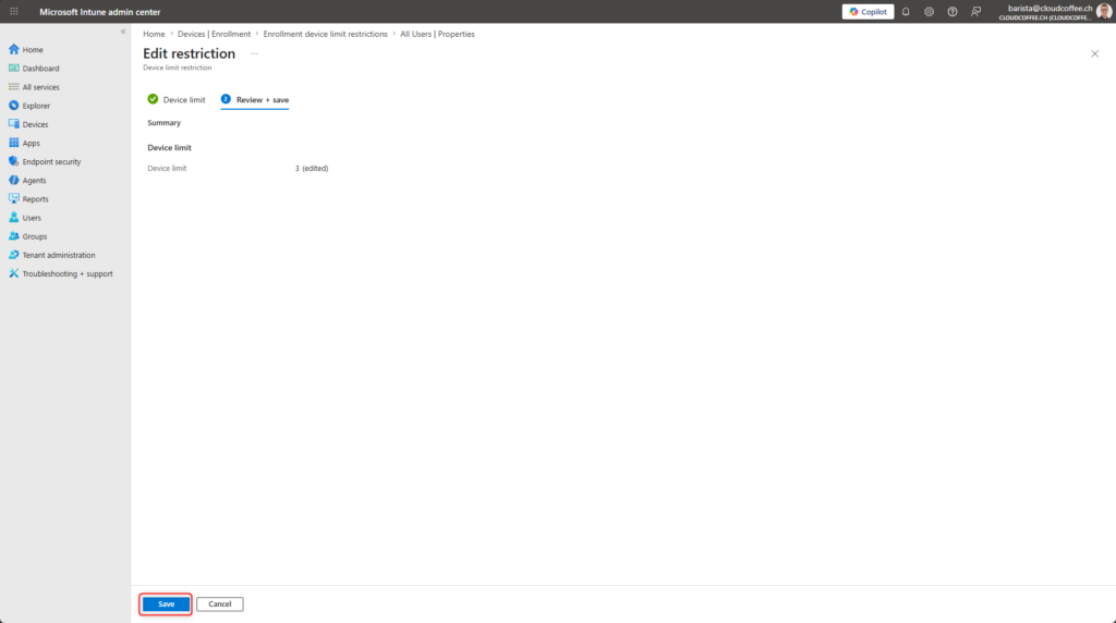 Microsoft Intune device limit restriction review and save screen confirming limit set to three devices per user