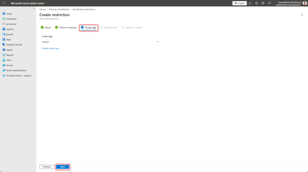 Microsoft Intune enrollment restriction configuration showing scope tags assignment for device enrollment control