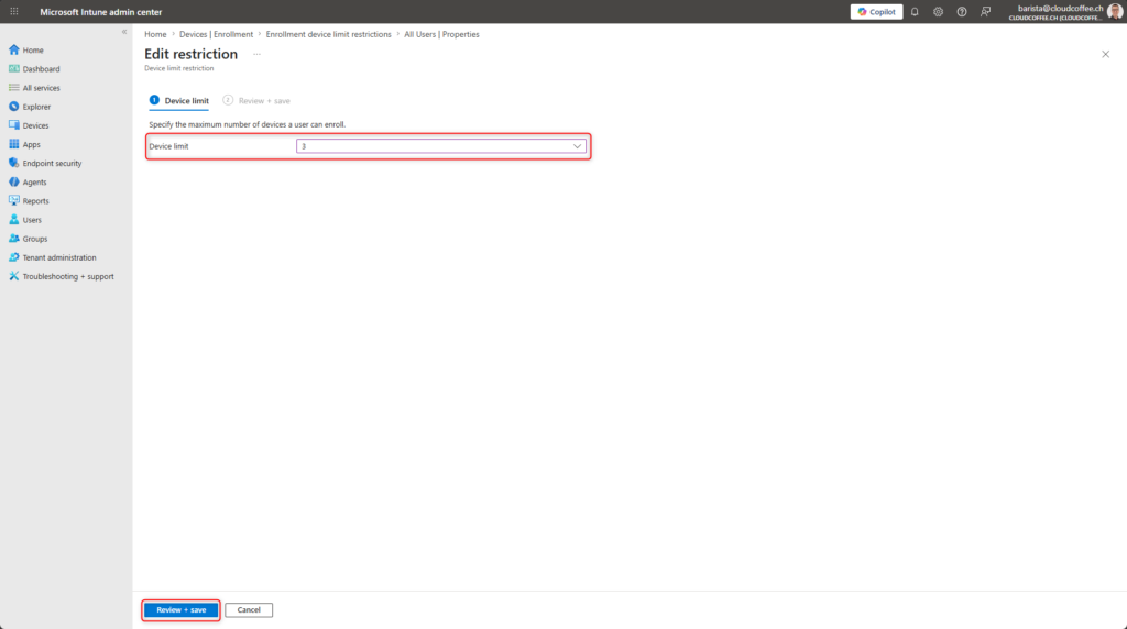 Microsoft Intune device limit restriction configuration showing limit set to three devices per user