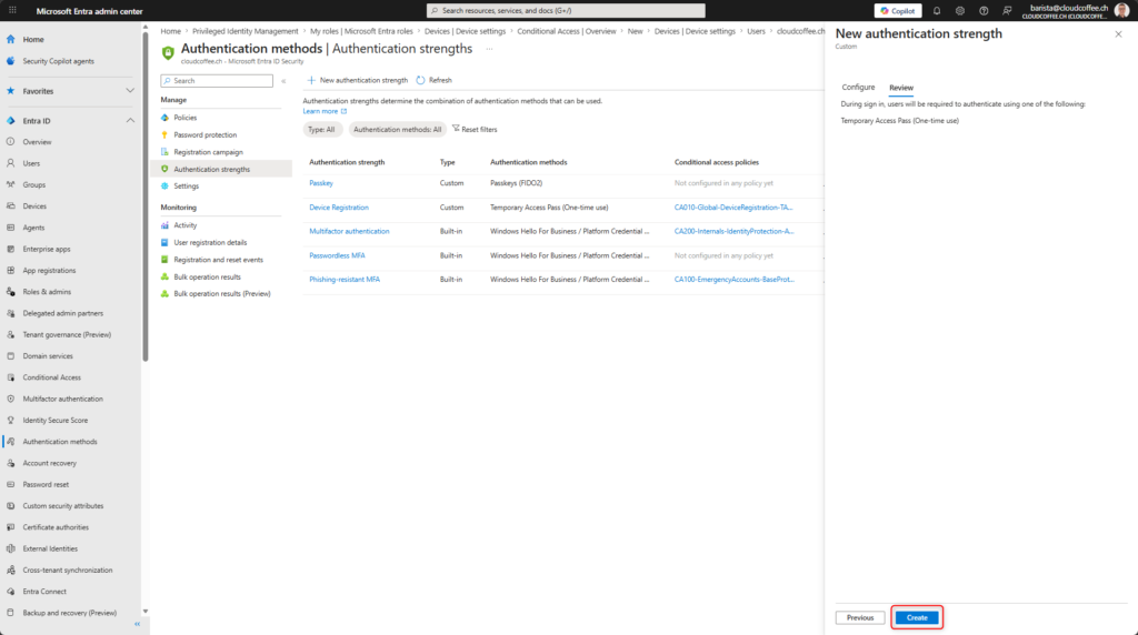 Microsoft Entra authentication strength configuration for secure device registration using Temporary Access Pass one-time use