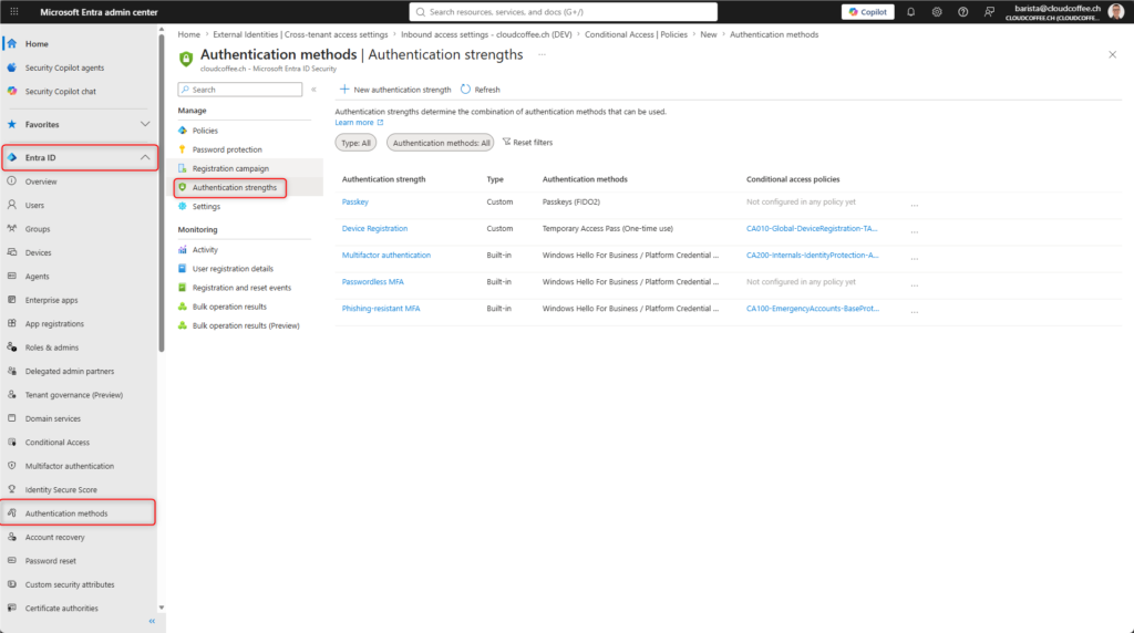 Microsoft Entra admin center showing built-in and custom authentication strengths, including passkeys and phishing-resistant MFA.