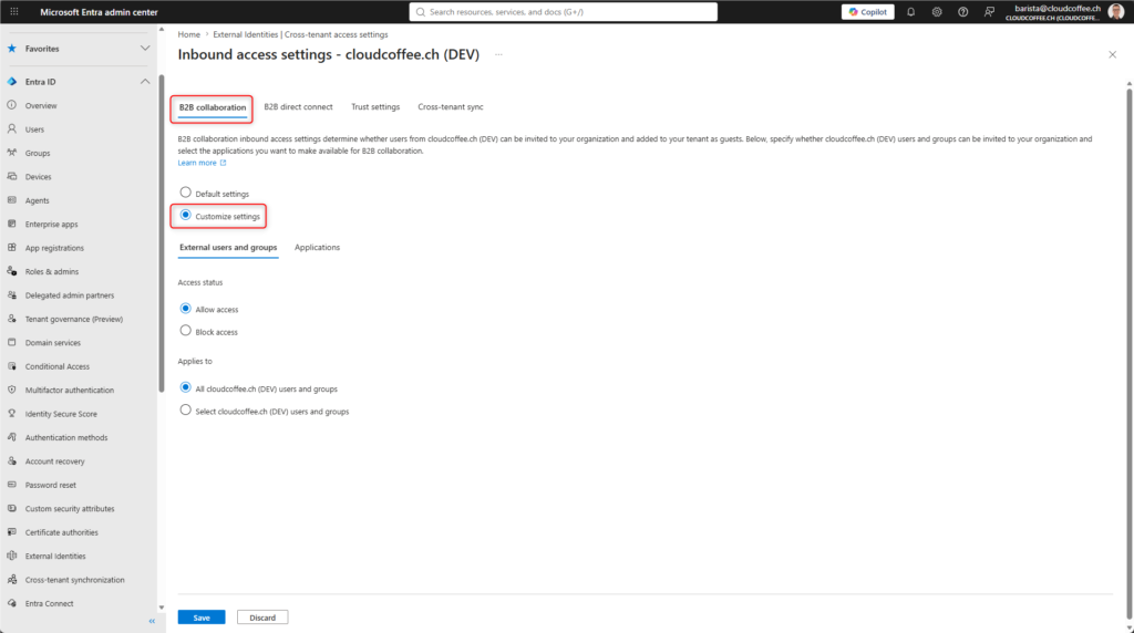 Microsoft Entra admin center showing customized B2B collaboration inbound access settings for external users and groups.