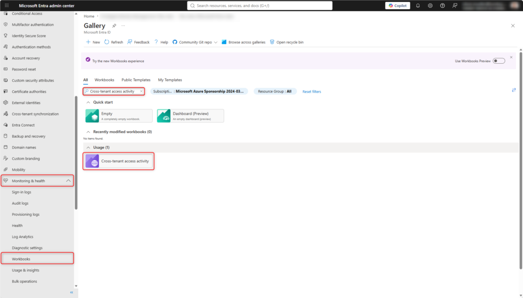 Microsoft Entra admin center showing the Cross-tenant access activity workbook under Monitoring and health.