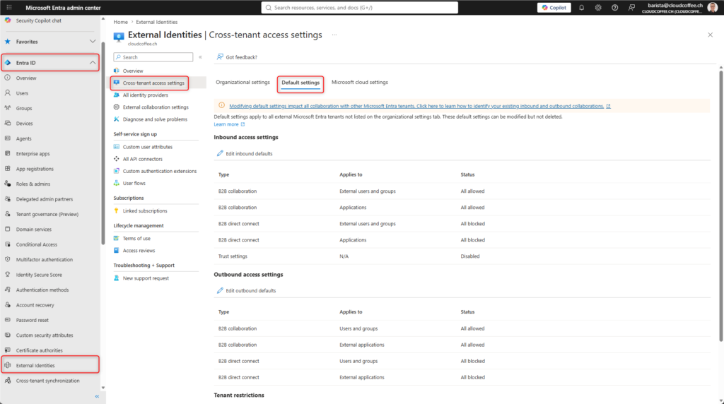 Microsoft Entra admin center showing the default cross-tenant access settings for inbound access, outbound access, trust settings, and tenant restrictions.