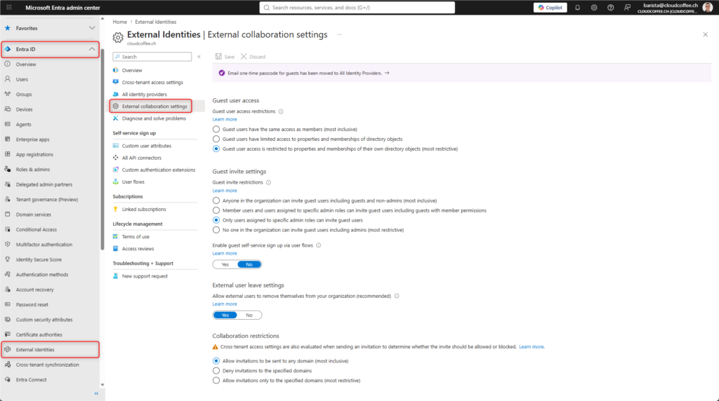Microsoft Entra admin center showing external collaboration settings for guest access, invitations, self-service sign-up, and domain restrictions.