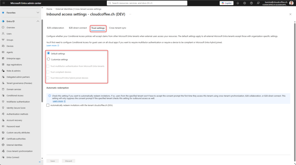 Microsoft Entra admin center showing trust settings for MFA, compliant devices, and Microsoft Entra hybrid joined devices.