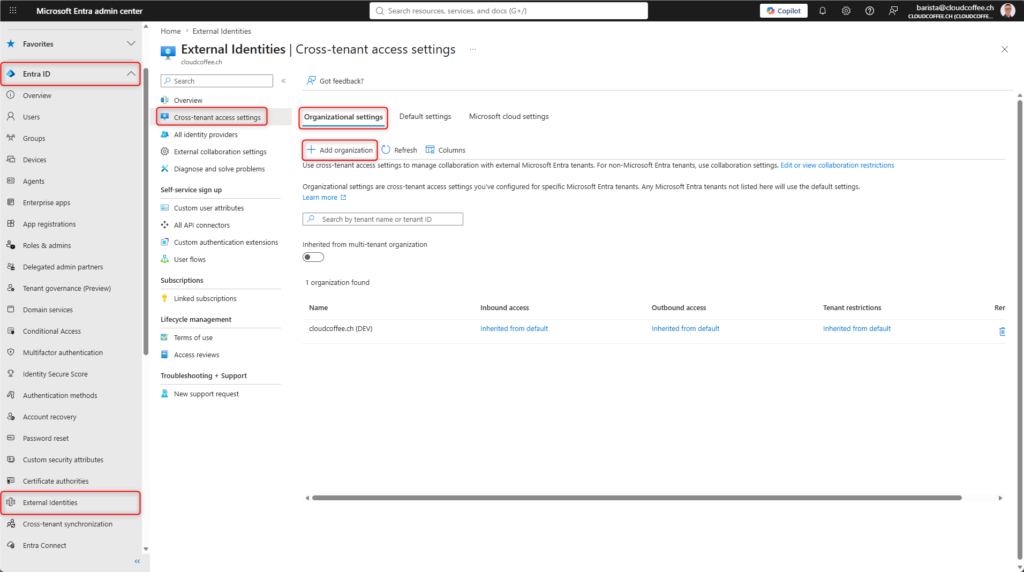 Microsoft Entra admin center showing organizational settings for adding a partner organization to cross-tenant access settings.