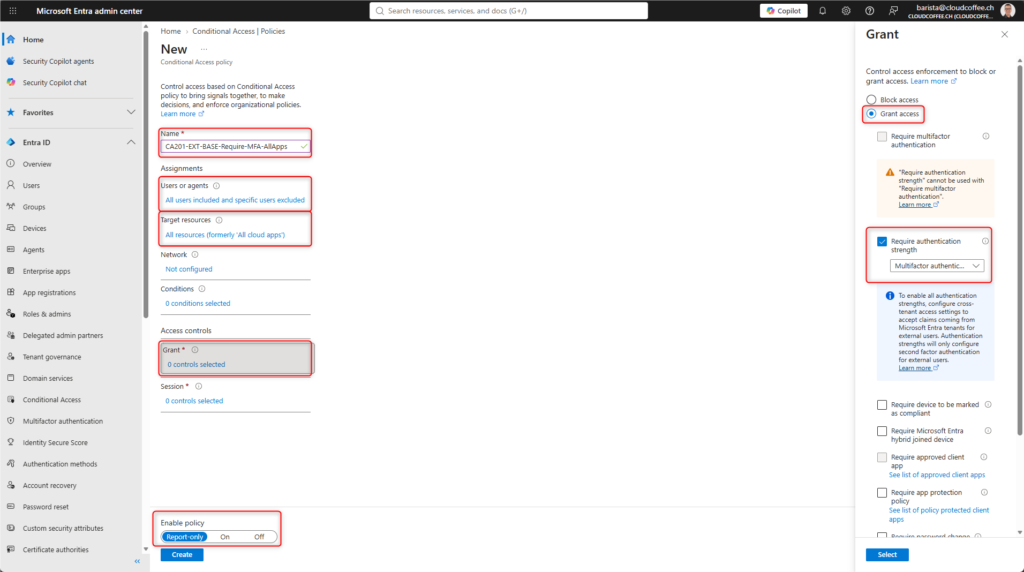 Microsoft Entra admin center showing a Conditional Access policy that requires multifactor authentication for external users and all target resources