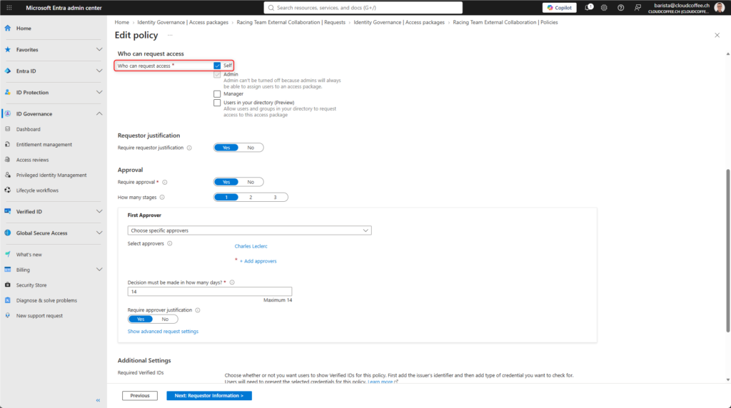 Microsoft Entra admin center showing Access Package request settings with self service access and approval enabled.