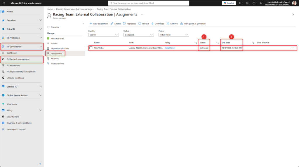 Microsoft Entra admin center showing an Access Package assignment with Delivered status and the assignment end date.