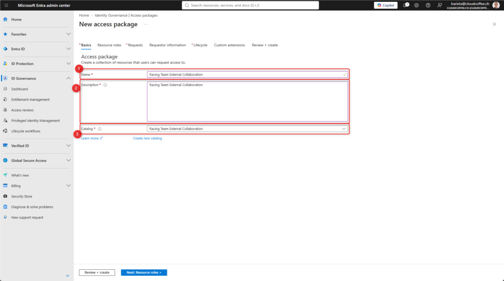 Microsoft Entra admin center showing the Basics step for creating an Access Package with a name, description, and catalog selection.