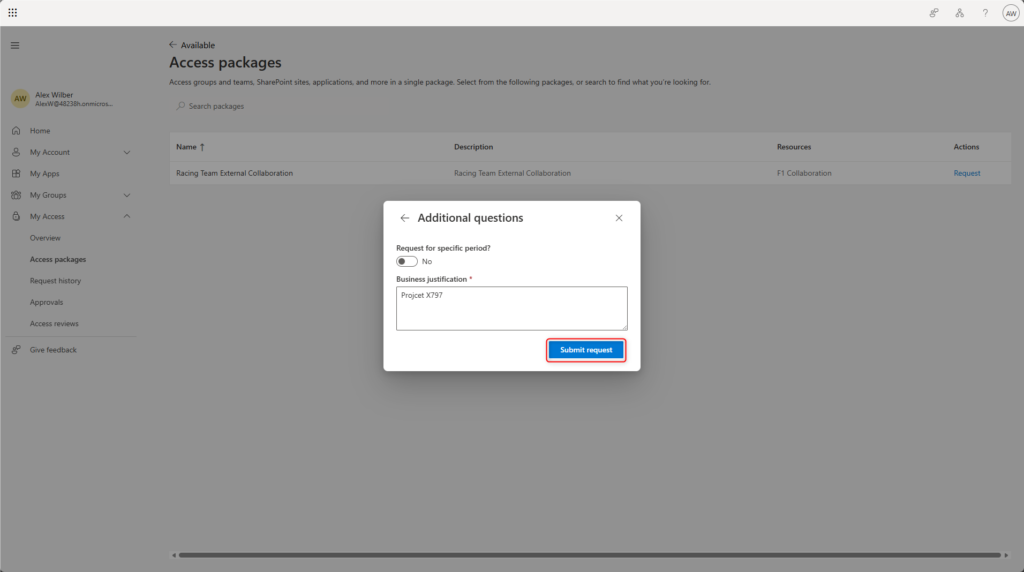 My Access portal showing the business justification field before submitting an Access Package request.