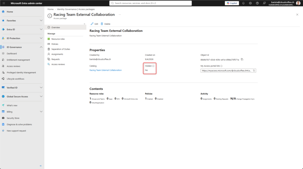 Microsoft Entra admin center showing the Hidden setting for an Access Package in the package overview.