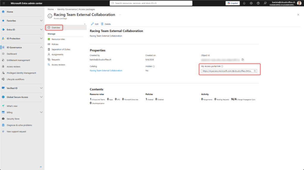 Microsoft Entra admin center showing the My Access portal link for an Access Package used for external collaboration.