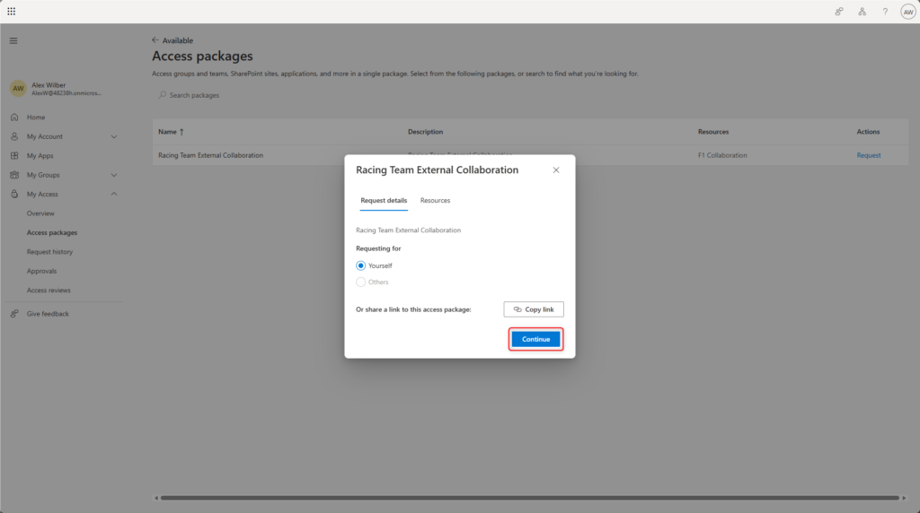 My Access portal showing the request details for an Access Package with the option to continue the request.