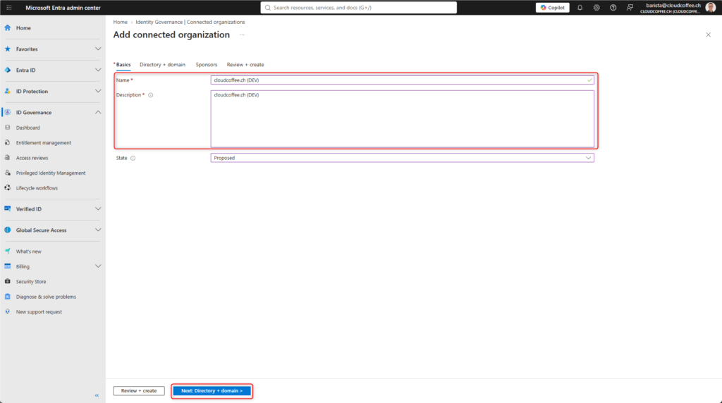 Microsoft Entra admin center showing the Basics step for creating a connected organization in Entitlement Management.