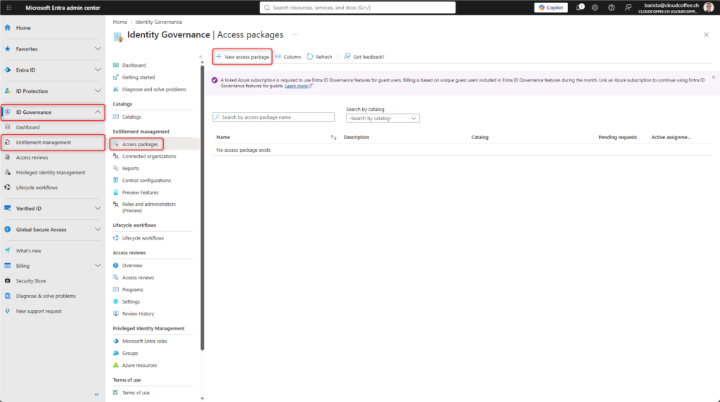 Microsoft Entra admin center showing the Access packages section in Entitlement Management with the option to create a new access package.