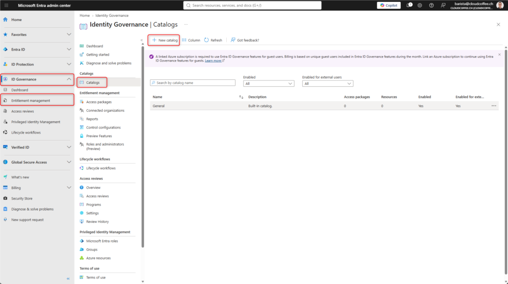 Microsoft Entra admin center showing the Catalogs page in Entitlement Management with the option to create a new catalog.