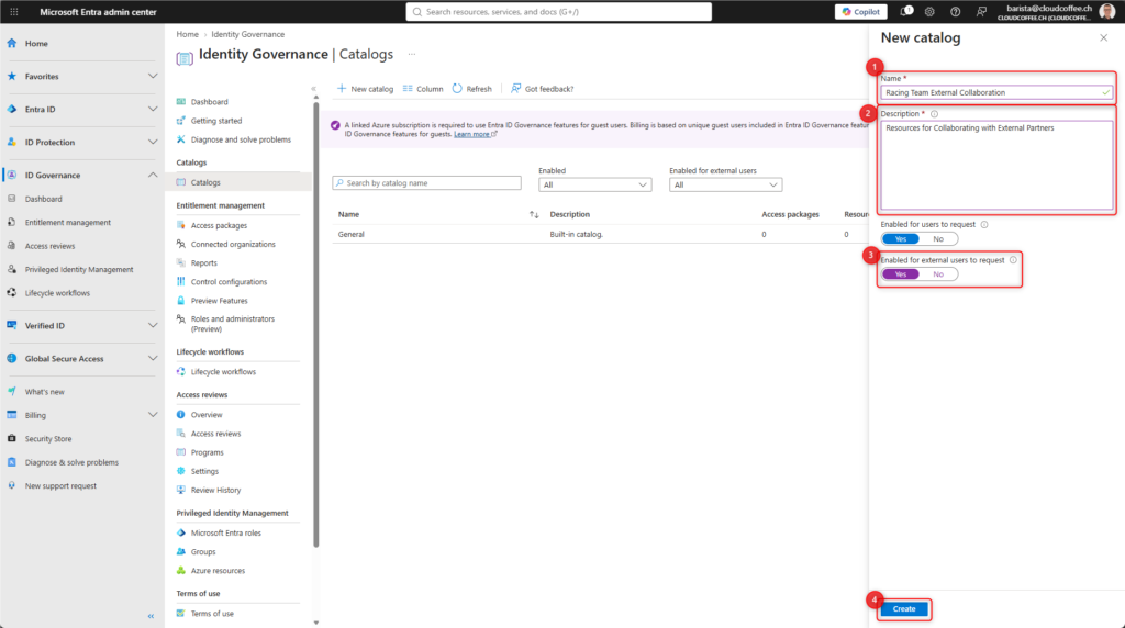 Microsoft Entra admin center showing the settings for creating a catalog enabled for external users in Entitlement Management.