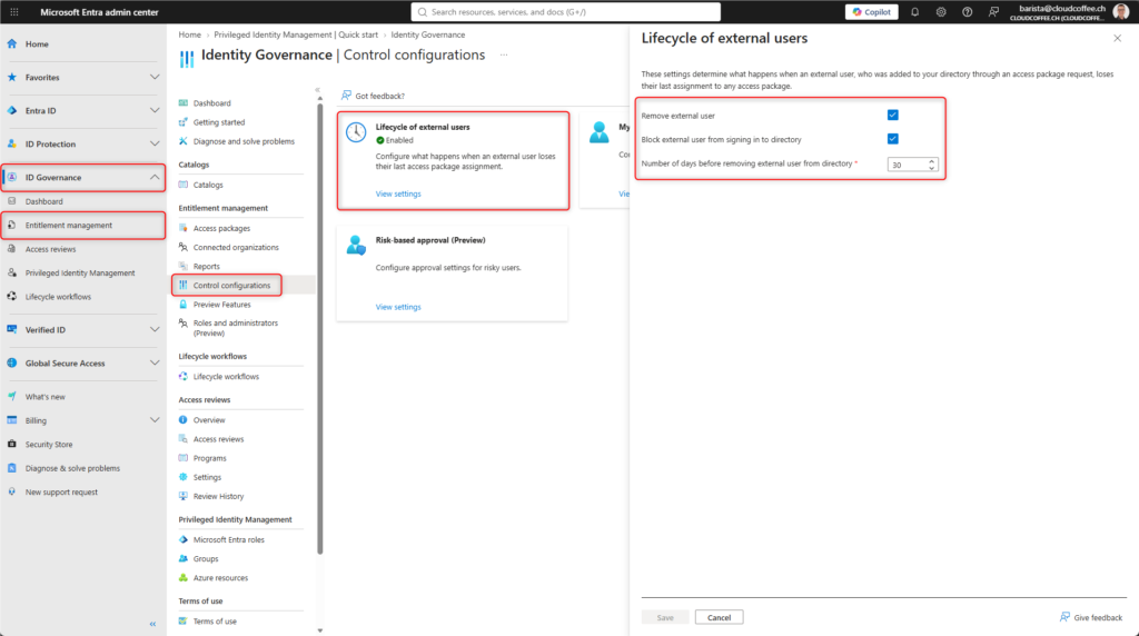 Microsoft Entra admin center showing external user lifecycle settings to block sign-in and remove guest accounts after the last Access Package assignment ends.