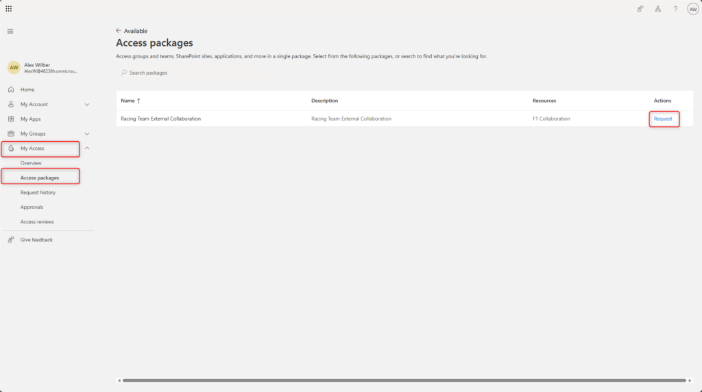 My Access portal showing an available Access Package for external collaboration with the option to request access.
