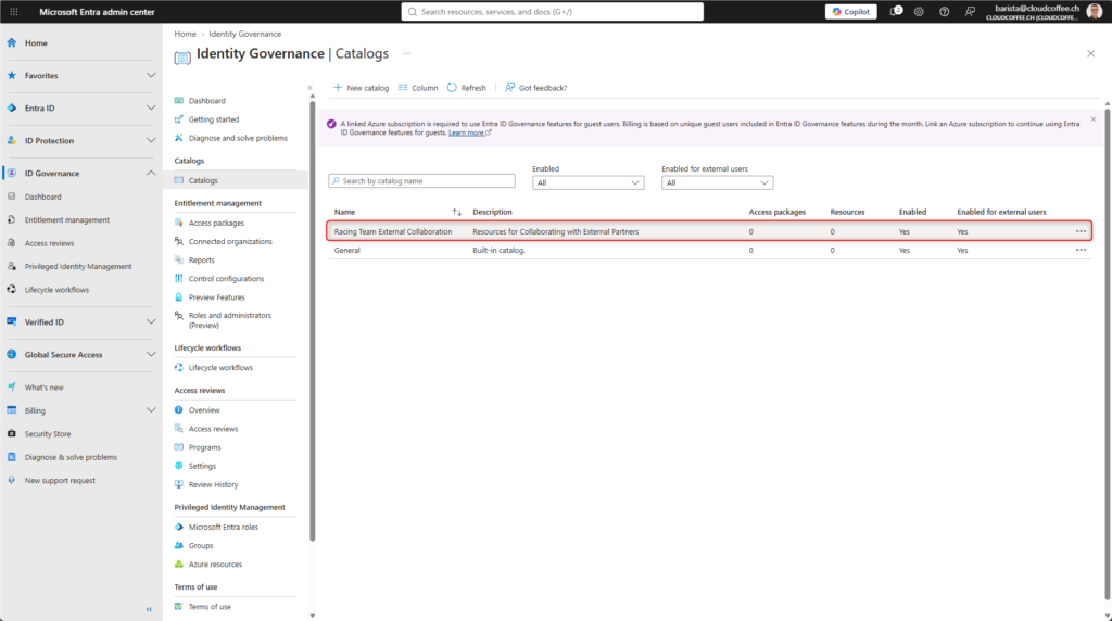 Microsoft Entra admin center showing the external collaboration catalog selected in Entitlement Management.