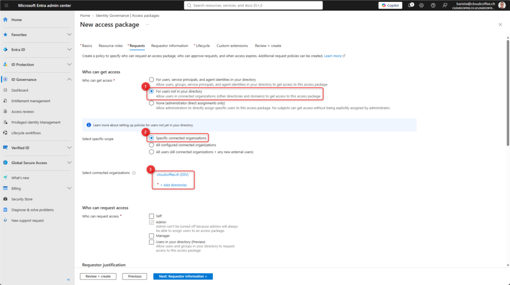 Microsoft Entra admin center showing an Access Package request policy restricted to users from a specific connected organization.