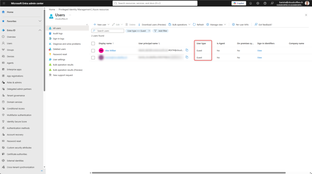 Microsoft Entra admin center showing external users filtered by User type Guest.