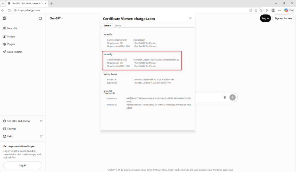 ChatGPT certificate issued by Microsoft Global Secure Access Intermediate CA2 during TLS inspection.
