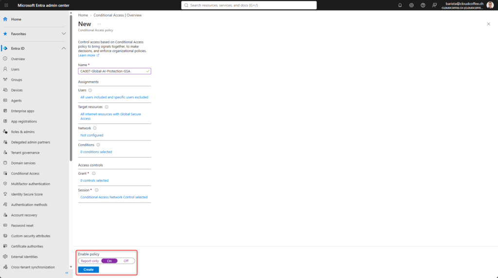 Microsoft Entra Conditional Access policy enabled for the GSA AI Protection security profile.