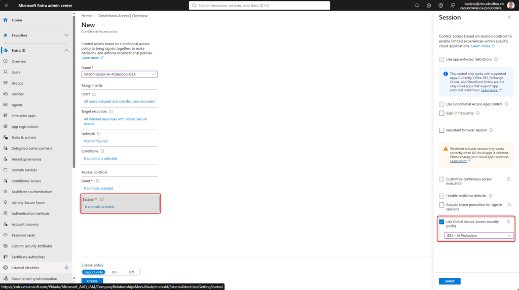 Microsoft Entra Conditional Access session control using the GSA AI Protection security profile.