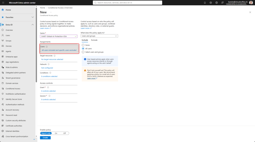Microsoft Entra Conditional Access user assignment for Microsoft Entra Prompt Injection Protection with all users included and specific users excluded.