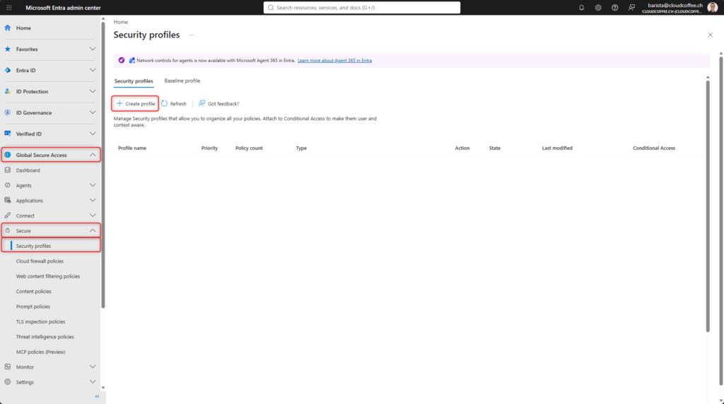 Create a security profile in Microsoft Entra Global Secure Access for Microsoft Entra Prompt Injection Protection.