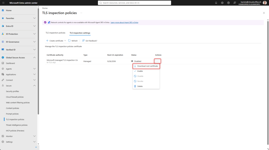 Microsoft Entra Global Secure Access menu for downloading the root certificate used for TLS Inspection.