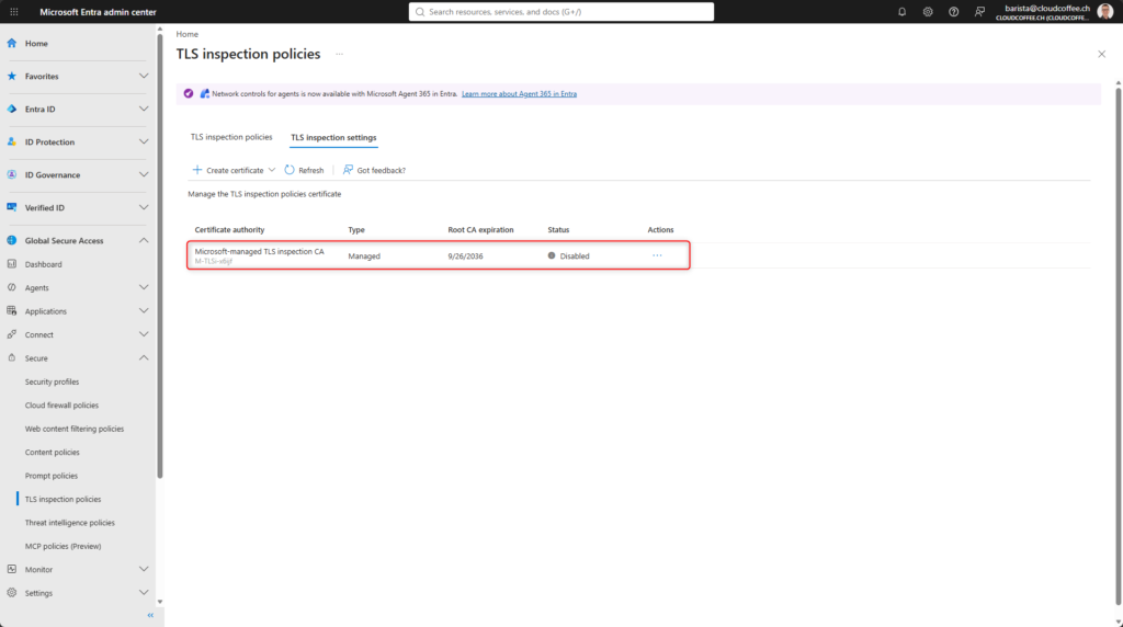 Microsoft-managed TLS inspection certificate in Global Secure Access with the status set to Disabled.